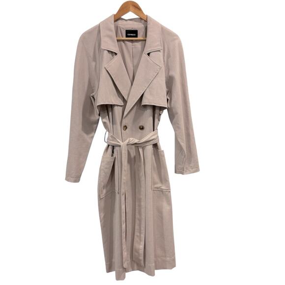 EXPRESS Cream/White Herringbone Light-weight Full Length Coat w/Belt, Sz Large - Picture 6 of 11
